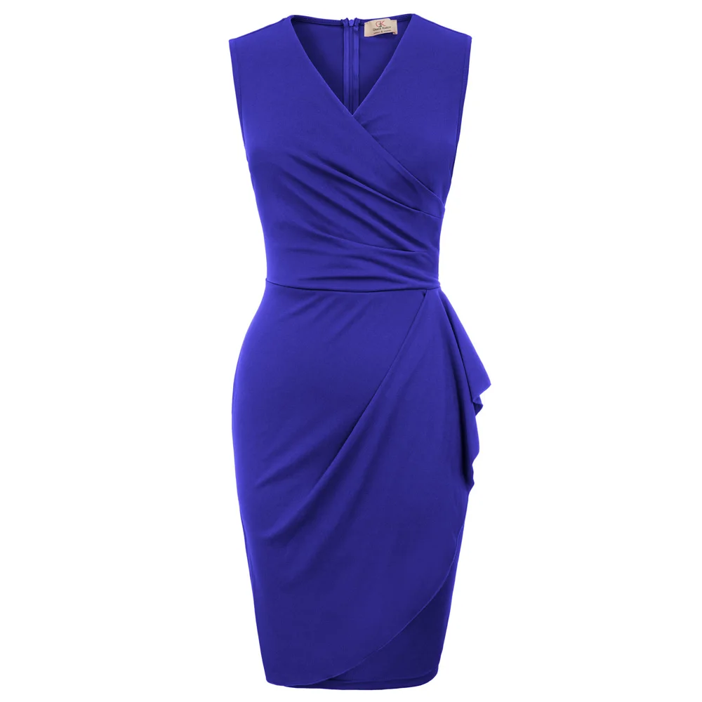 

Women Sexy Vintage Bodycon Pencil V Neck Sleeveless dresses Cocktail Party brief pure color pleated hips-wrapped Dress new