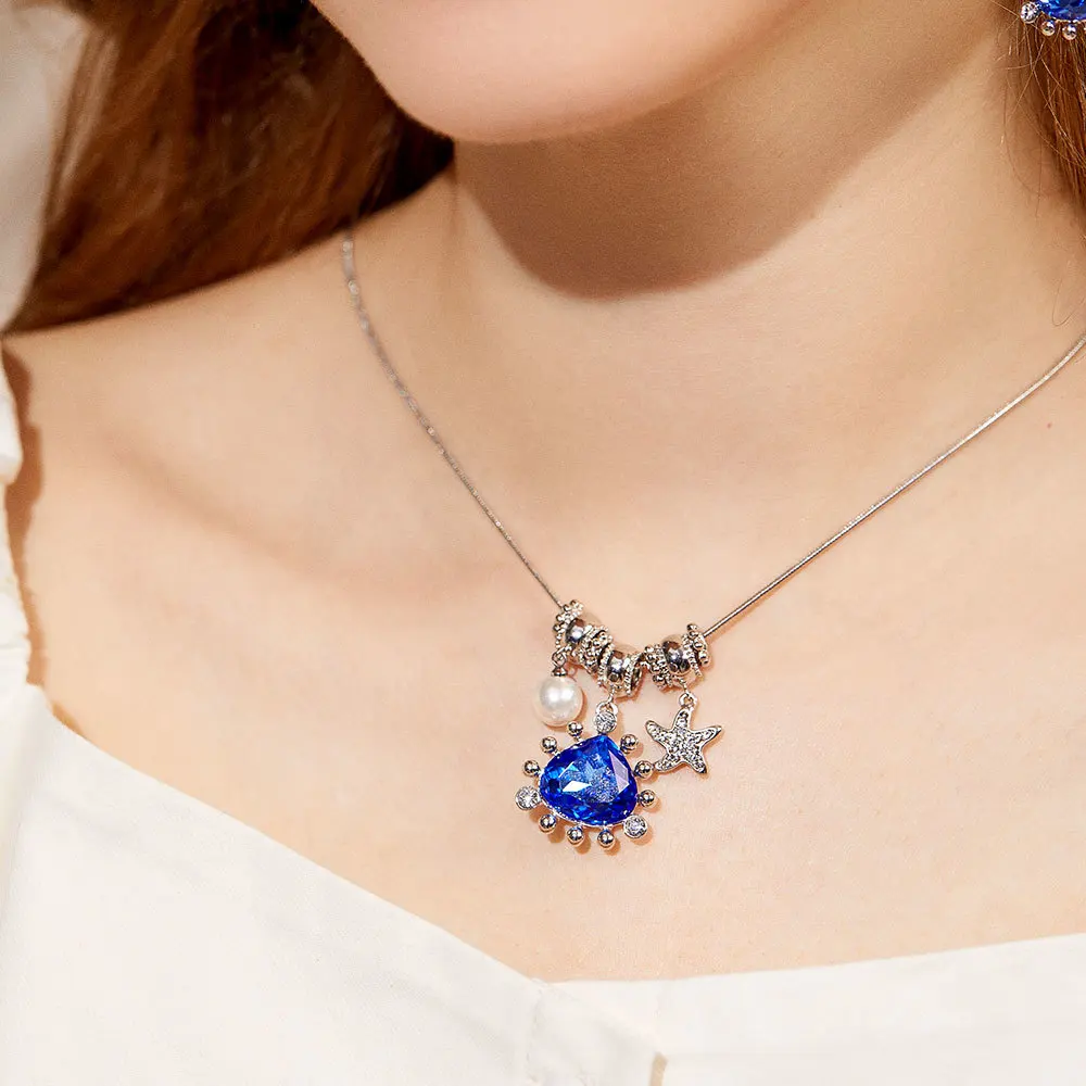 

Qggle Silver Color Simulated Pearl Rhinestone Ocean Blue Crystal Necklace For women Wedding Bridal Jewelry