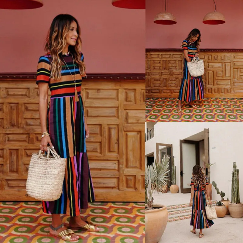 Женское пляжное платье с коротким рукавом Boho длинное вечернее макси из