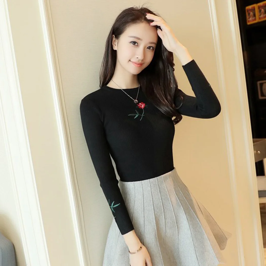Fashion Ladies Knitted Sweater And Pullovers Floral Embroidery Famale Elastic Slim Sweaters Tops Basic Jumper Pull Femme Hiver | Женская