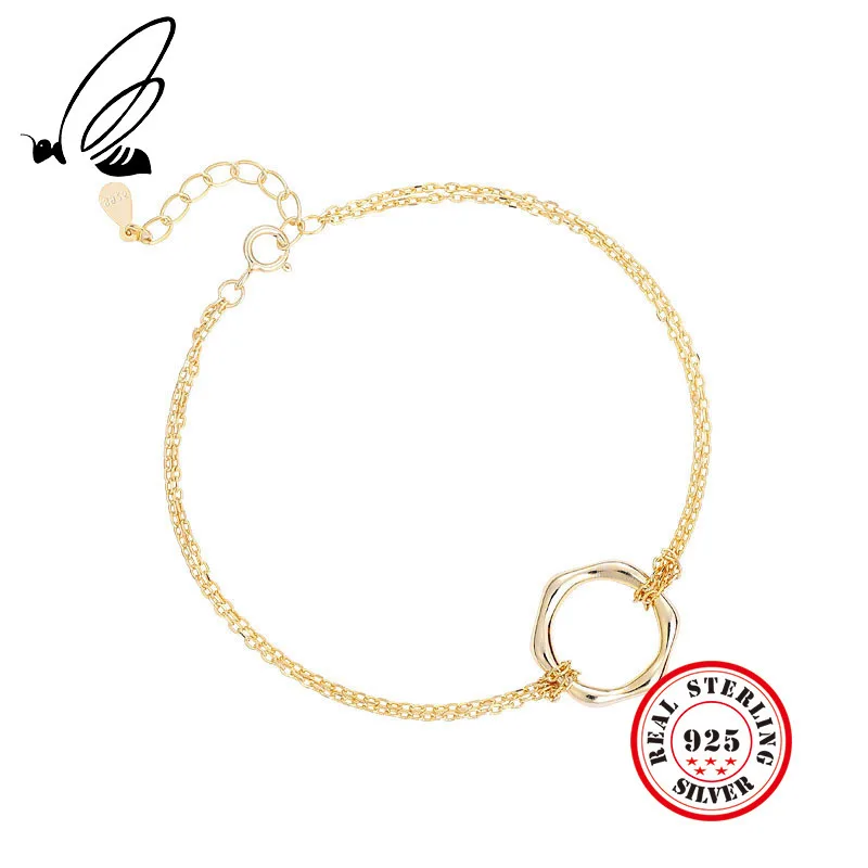 

100% 925 Sterling Silver Simple Geometric Sexangle Charm Bracelets For Women 925 Silver Fine Jewelry Round Bracelets & Bangles