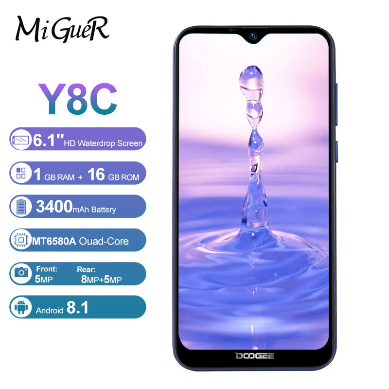 DOOGEE Y8c Android 8,1, 6,1 дюймов, 19:9, дроп LTPS экран, смартфон MTK6580, 1 ГБ ОЗУ, 16 Гб ПЗУ, 3400 мАч, две sim-карты, 8 Мп+ 5 МП, WCDMA