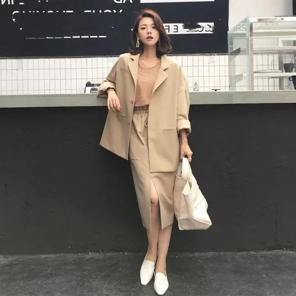 

2019 Spring Pant Two Pieces Set Single Breasted Jacket Blazer Elastic Waist Buttons Pant Sets Female Office Lady Skirts Suits