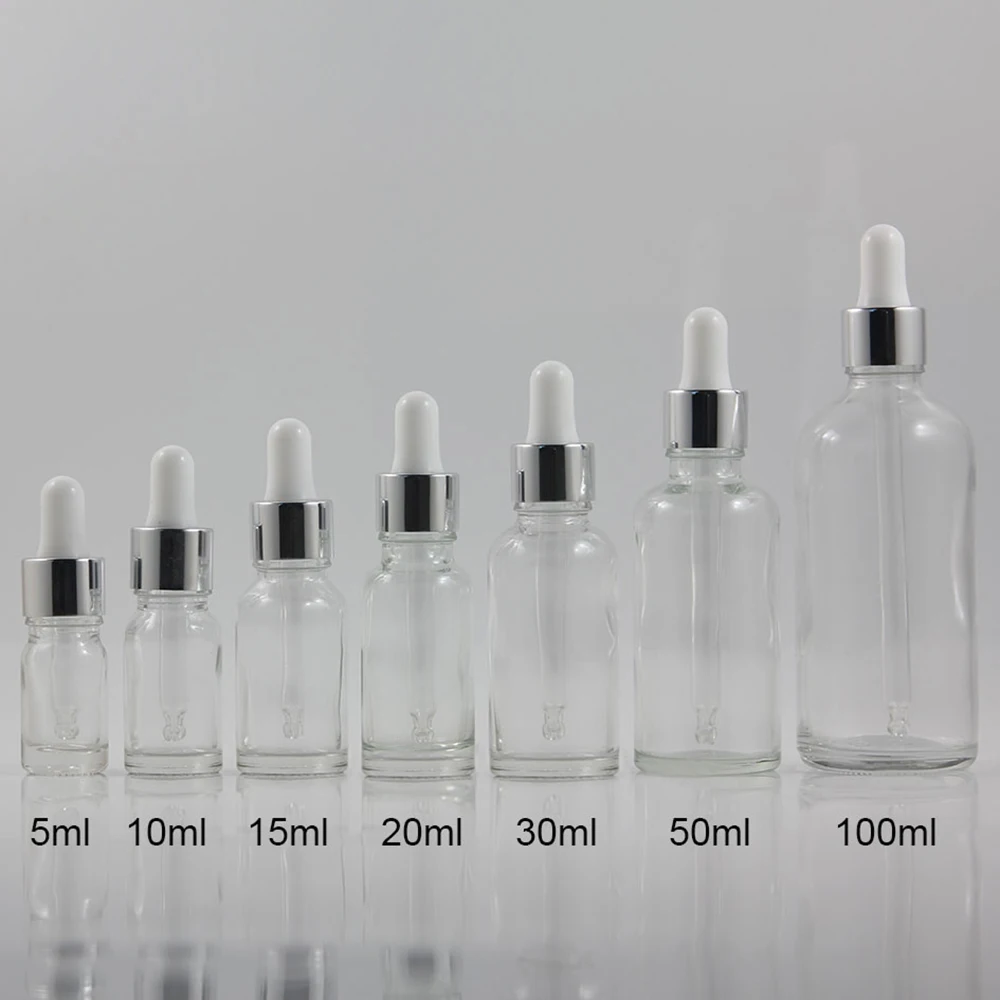 100pcs wholesale 20 ml round clear glass dropper bottle with silver 100pcs-wholesale-20-ml-round-clear-glass-dropper-bottle-with-silver
