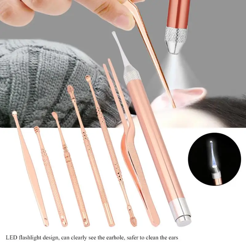 

7PCS/Set Baby Ear Cleaner Flashlight Wax Pickers Remover Set Earpick Earpick Ear Curette Home Ear Care Tool Earwax Remover