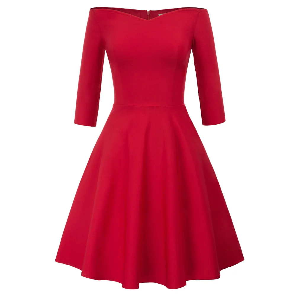 

Gk Luxurious Women Dress Retro Solid Color 3/4 Sleeve Off Shoulder V-neck Stretchy Swing Fashion Women's Dress 2019 New Arrival