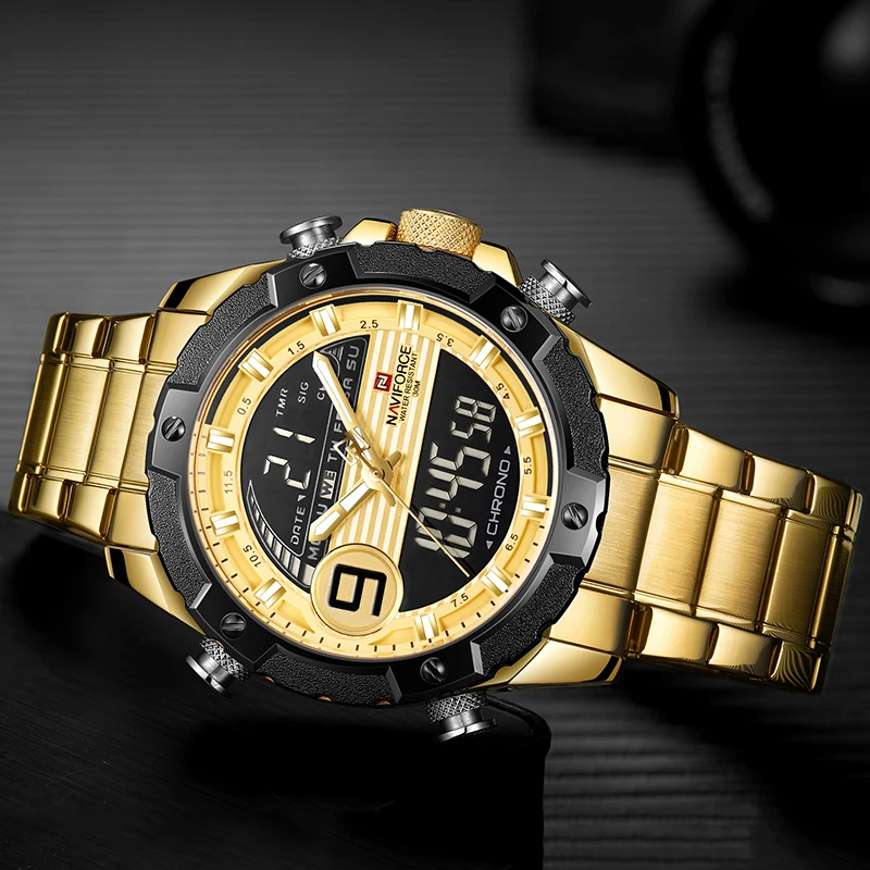 NAVIFORCE Military Stainless Steel Waterproof Gold Men Watch Men's Dual Display Quartz Wristwatches