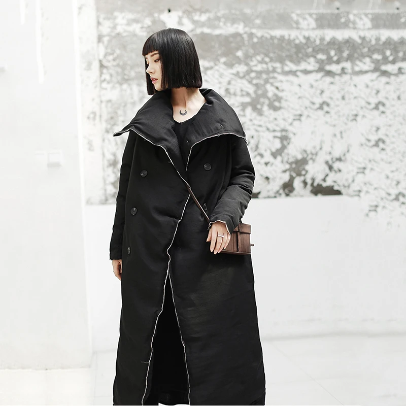Coton Noir Longues Revers Manches Jk101 eam 2019 Mode Manteau Parkas Long Lâche rembourré Burr Femmes Nouveau Printemps Black Épaississement wAzBR