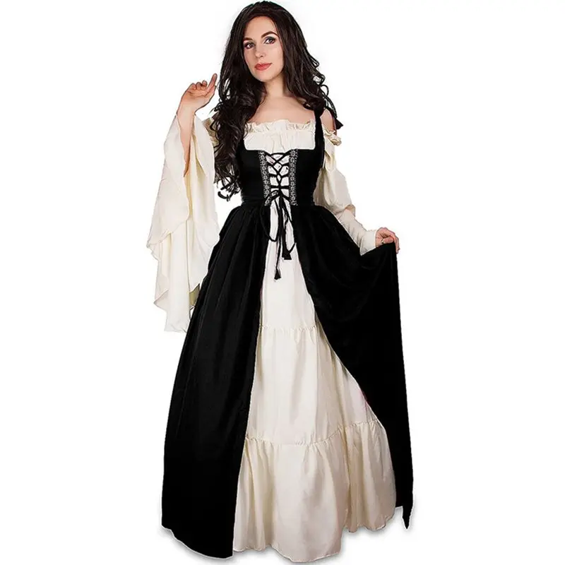 Rosetic Women Dress Vestidos Renaissance Long Flare Sleeve Bandage Corset Medieval Vintage