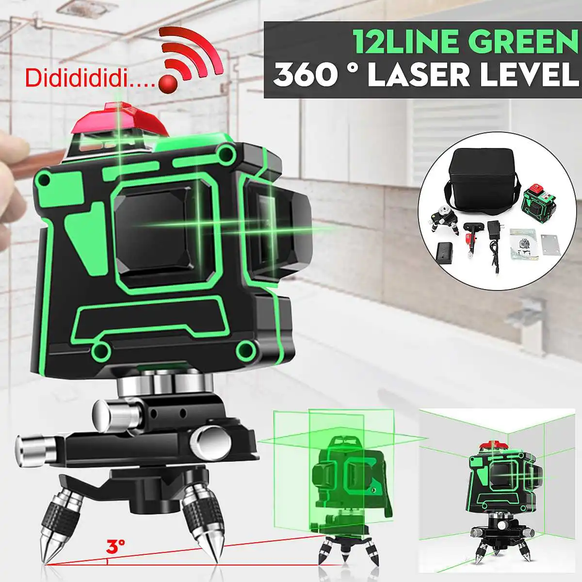 

3D 12 Line AC 100-240V Green/Blue Light Laser Level Self Leveling Waterproof Wear-resisting 360 Degree Rotary Measure Cross