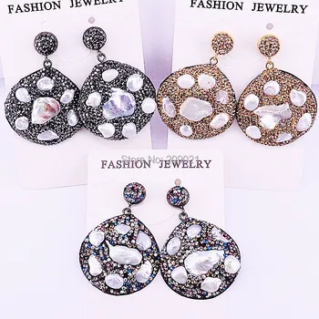

New Design 4Pairs Fashion Jewelry crystal rhinestone pave nature pearl Round Dangle Earring