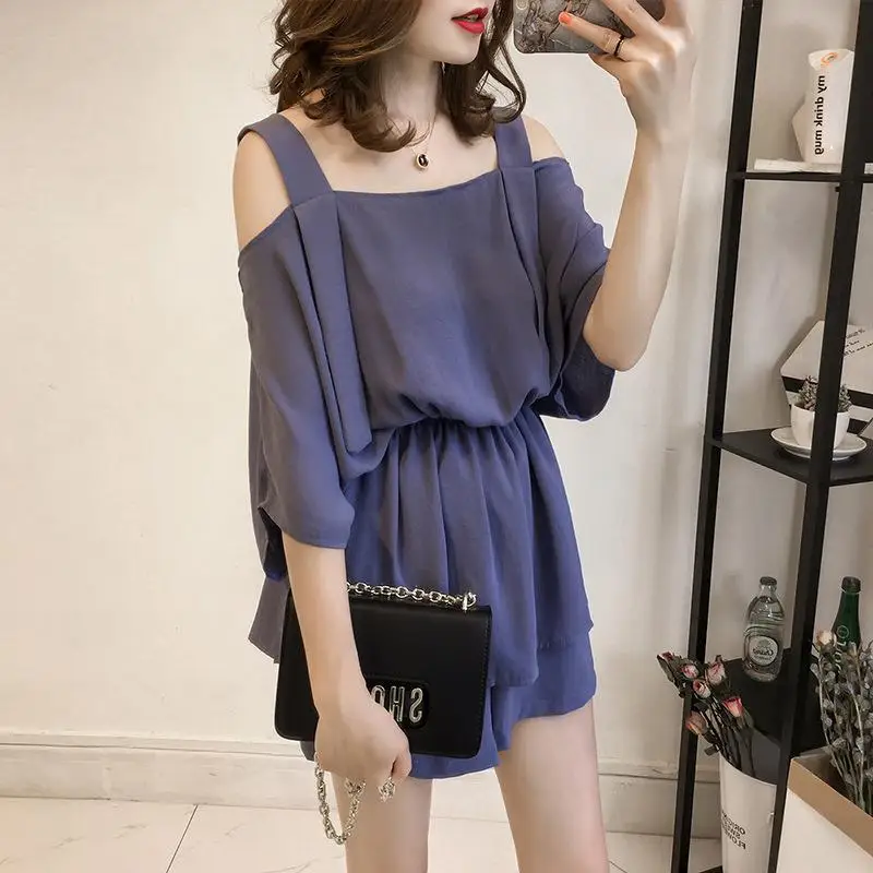 MISSKY 2pcs/set Women Girl Summer Suits Solid Color Fashion Belly-covering Suit Tops +Shorts Female Clothes |