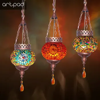 Artpad Creative Mediterranean Style LED Mosaic Pendant Lamp Retro Antique Bar Lamp Bohemia Hanging Lights for Hotel Dining Room european mediterranean tiffany retro pendant light hallway cozy creative lamp bar corridor