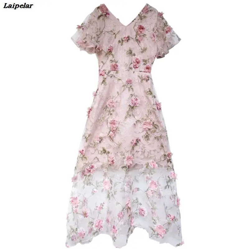 Элегантное розовое цветочное Сетчатое платье с вышивкой Женские винтажные прозрачные вечерние платья для подиума великолепные прозрачные платья