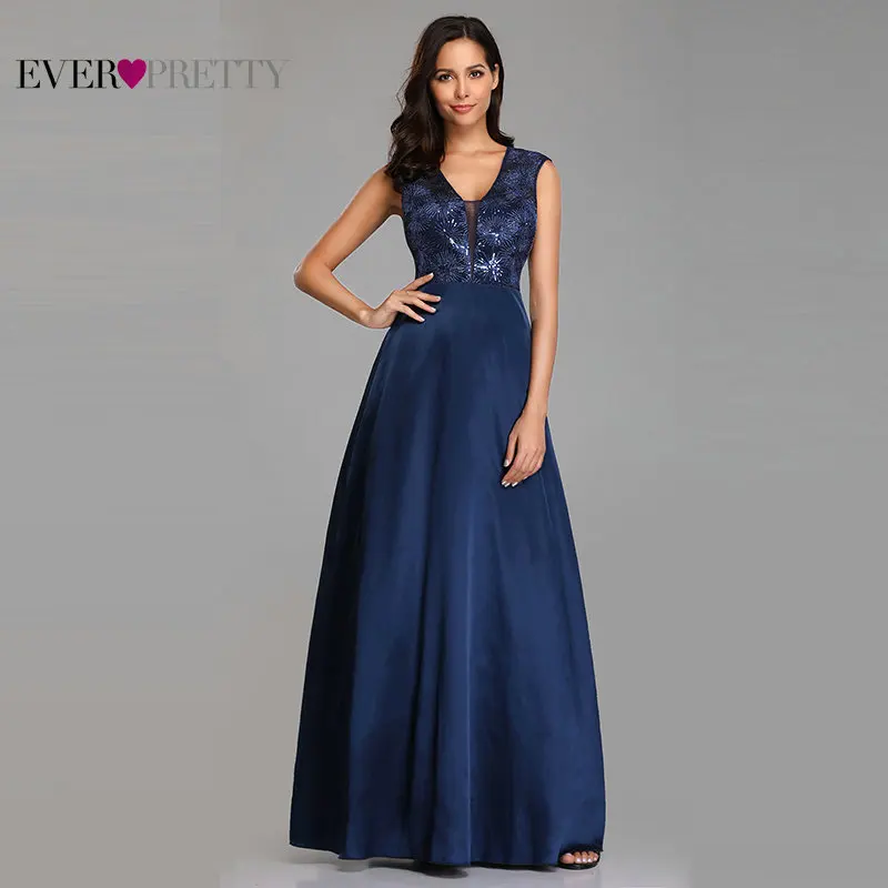 

New Navy Blue Bridesmaid Dresses Long Ever Pretty A-Line Lace Sequined Wedding Guest Gowns Dresses for Wedding Party 2019