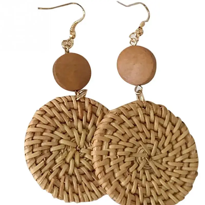 

2019 New Korea Style Weave Straw Handmade Elegant Long Charm Weave Rattan Vine Braid Geometric Big Circle Square Earrings