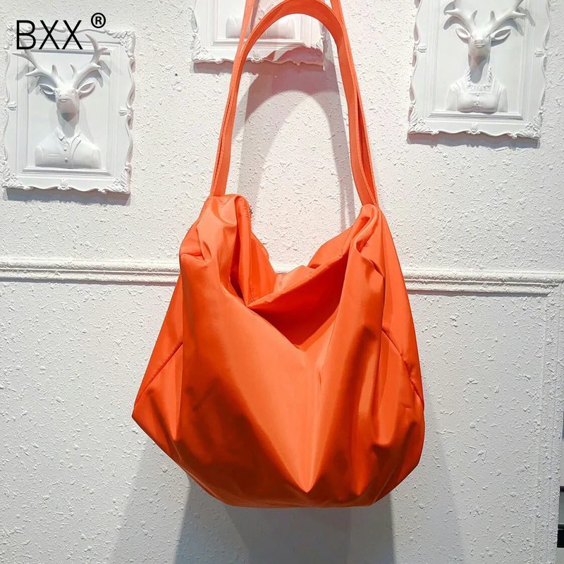 

[BXX] 2019New Woman Solid Orange Color Nylon Cloth High Capacity Zipper Foldable Portable Shoulder Messenger Bag All Match LM752