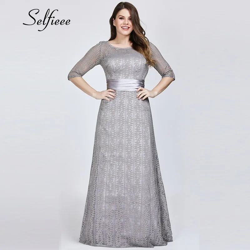 

Elegant A Line Grey Lace Party Dress Women 2019 New Spring Elegant O Neck Half Sleeve Plus Size Dress Long Maxi Dress Robe Femme