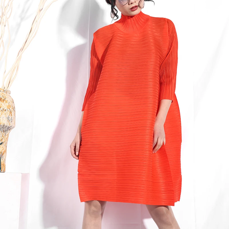 [EAM] Новое весенне-летнее платье со стоячим воротником и рукавом три четверти большого размера оранжевое стереоскопическое плиссированное платье женская мода