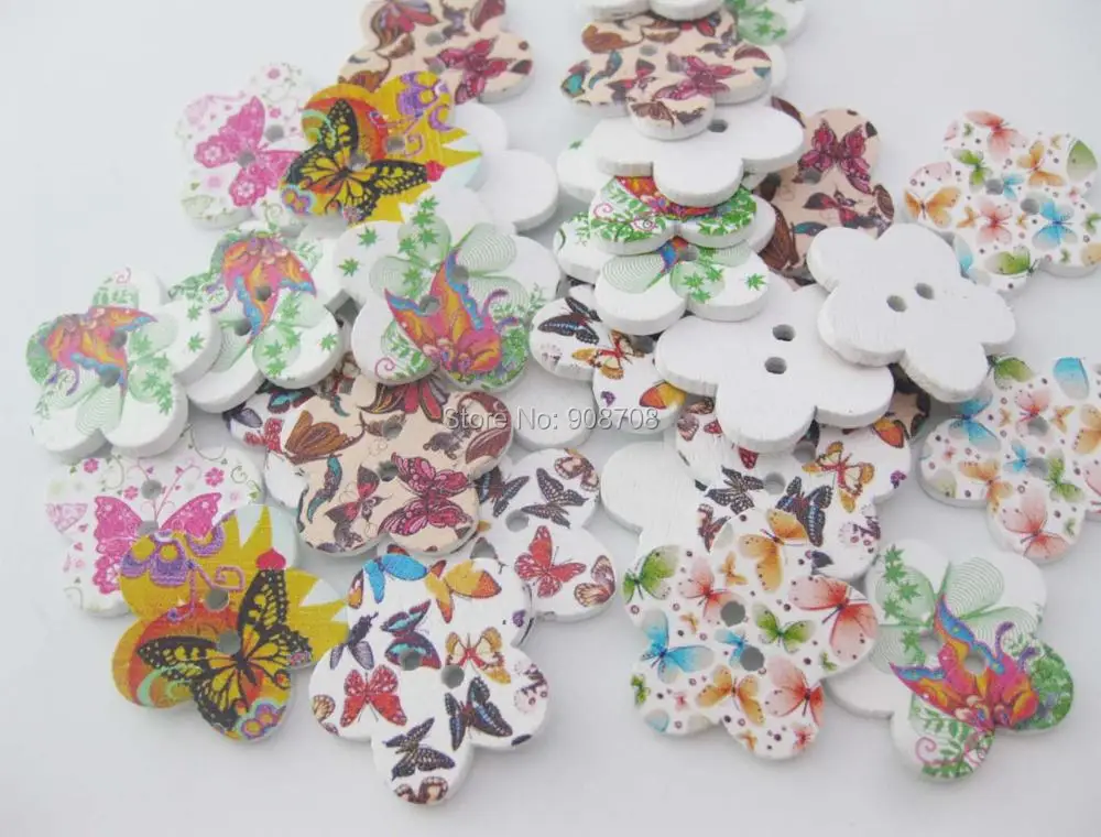 

28mm flower shape printed butterfly buttons wood 60pcs decorative craft buttons DIY sewing supplies
