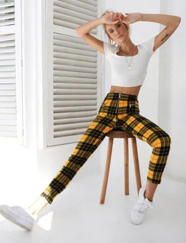 

Summer Casaul Pants Women's Plaid Casual Pants High Waist Elastic Zipper Striped Plaid Casual Long Pants