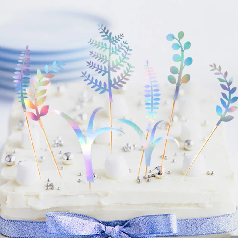 

8 pcs/set Novelty new silver Green Leaf plant Collection Cake Topper for Party Decoration Dessert lovely Gifts supplies