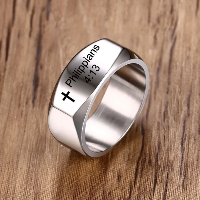 

Silver Ring For Men Stainless Steel Personalized ID Christian Cross Philippians 4:13 Regilious Man Blank Jewelry