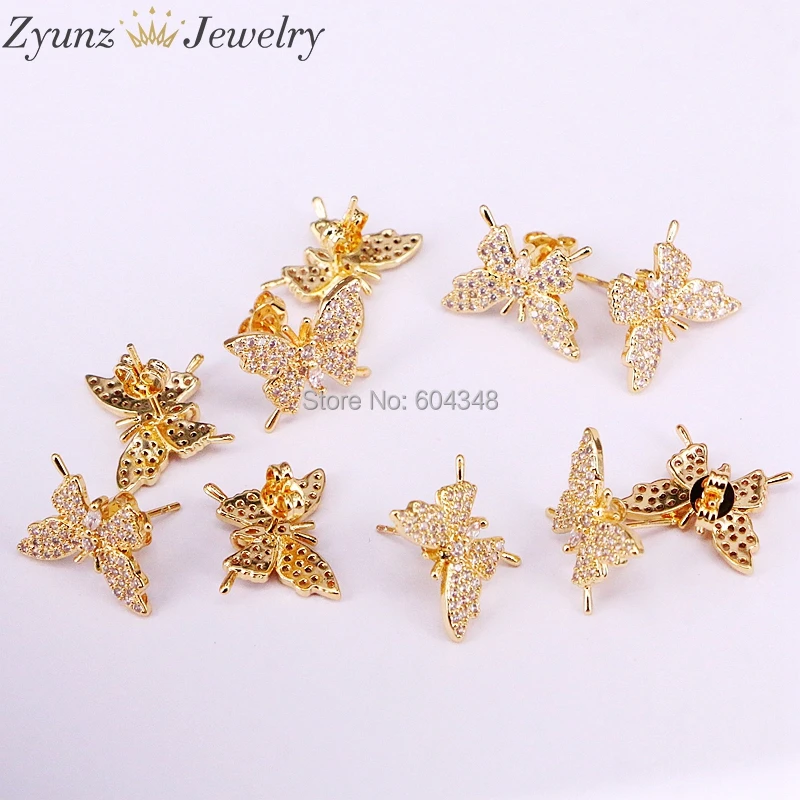 10 пар ZYZ339-2032 блестящие CZ микро проложили Сережка-гвоздик в форме бабочки золотые серьги для женщин модные свадебные украшения