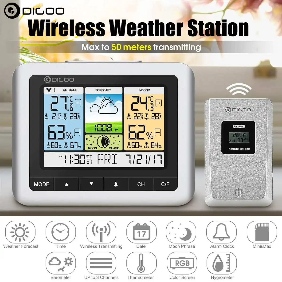 

Digoo DG-TH8888 White Color Wireless Digital Weather Station Home Thermometer Humidity Meter USB Outdoor Forecast Sensor Clock