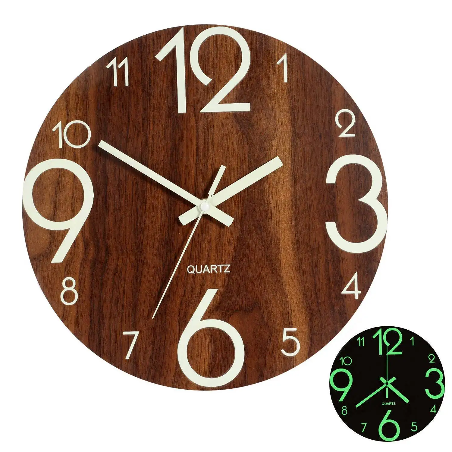 Светящиеся Настенные часы, 12 дюймов деревянные бесшумные кухонные настенные часы с ночными огнями для внутренней/наружной гостиной