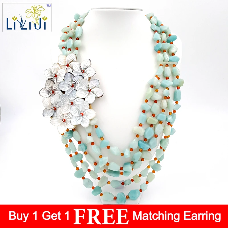 

Lii Ji Natural Amazonite and Shell Flowers with Jade Toggle Clasp Handmade Knitting Big Necklace
