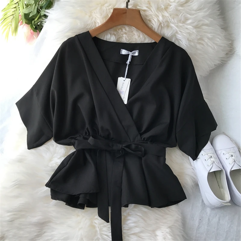  2019 Korean Women Bow Lace Up Slim Tops And Blouses Ladies V-Neck Chiffon Shirt Half Sleeve Ruffles