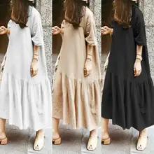 Летнее женское длинное платье-рубашка размера плюс, Повседневные Вечерние платья макси с рукавом три четверти, свободные однотонные плиссированные платья, халат Fmme