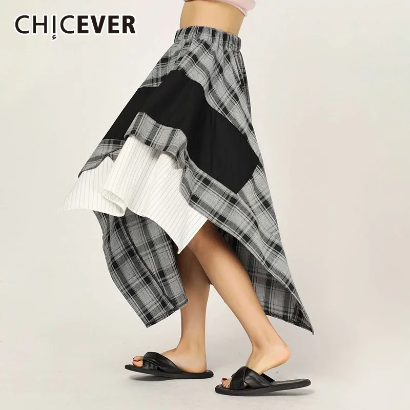 

CHICEVER Spring Hit Color Plaid Women Skirt High Waist Irregular Hem Loose Slim A-line Mid-calf Female Skirts 2019 Fashion New