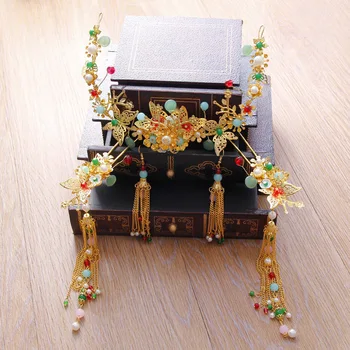 

traditional Chinese brides wedding Phoenix crown hair ornaments cereals ancient tassels suits vintage bridal hair accessories