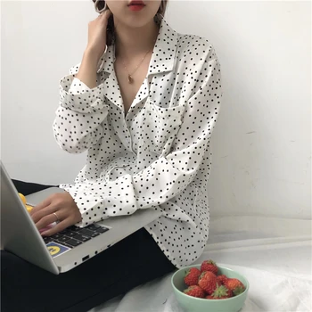 

Lychee Girls Vintage Dot Blouse Shirts Long Sleeve V Neck Pocket Blouses Spring Autumn Casual Loose Female Shirts