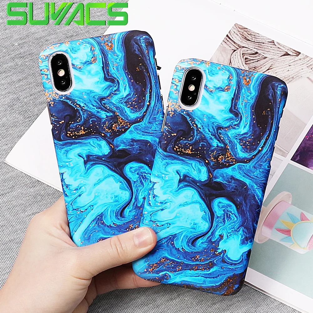 

SUYACS Luxury Gilded Marble Case For iPhone X XS Max XR 6 6S 7 8 Plus Full Body Magnificent Blue Hard PC Phone Back Cover Gift