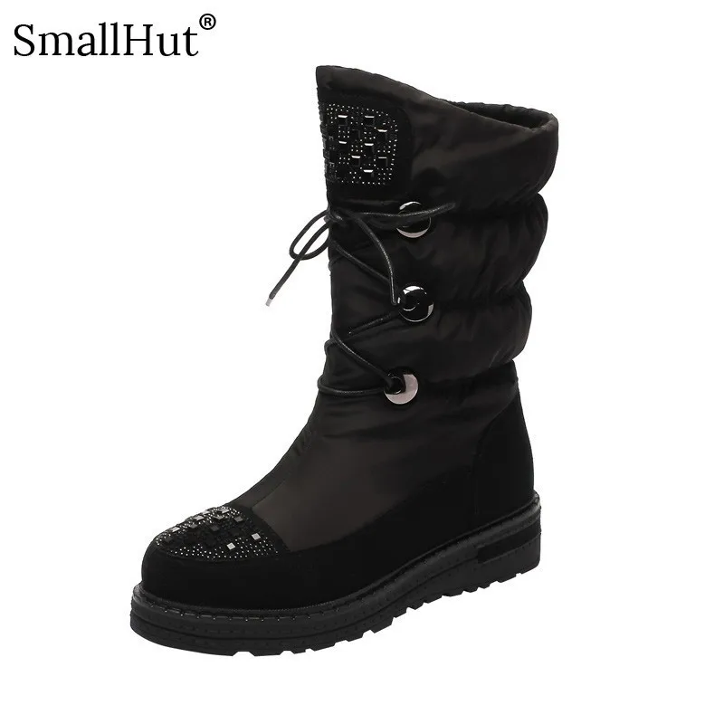 

Cow Suede Down Snow Boots Women Winter Lady Calf Mid Boots D061 Fashion Woman Lace up Crystal Black Wine Red Warm Plaftorm Shoes