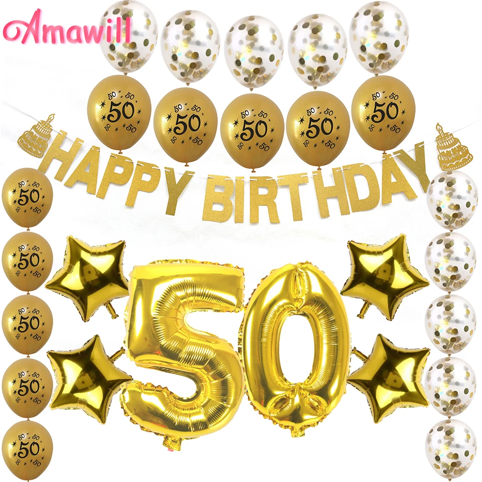 

Amawill 50th Birthday Decorations Set Number Foil Balloon Gold Paper Banner Latex Balloons for Adult Birthday Party Supplies 8D