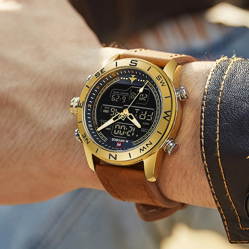 Роскошные Брендовые мужские NAVIFORCE 9144 золотые армейские военные часы светодиодные цифровые кожаные спортивные часы кварцевые мужские часы
