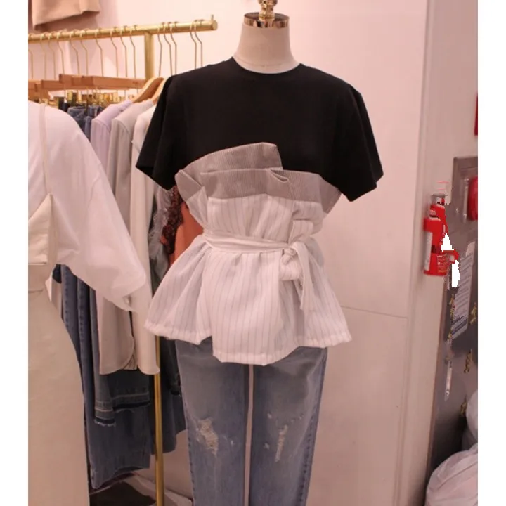 

2019 New Summer Fake Two-Piece Striped T-Shirt Women Fashion Belt Patchwork Irregular Tops Sashes Female Casual T Shirt