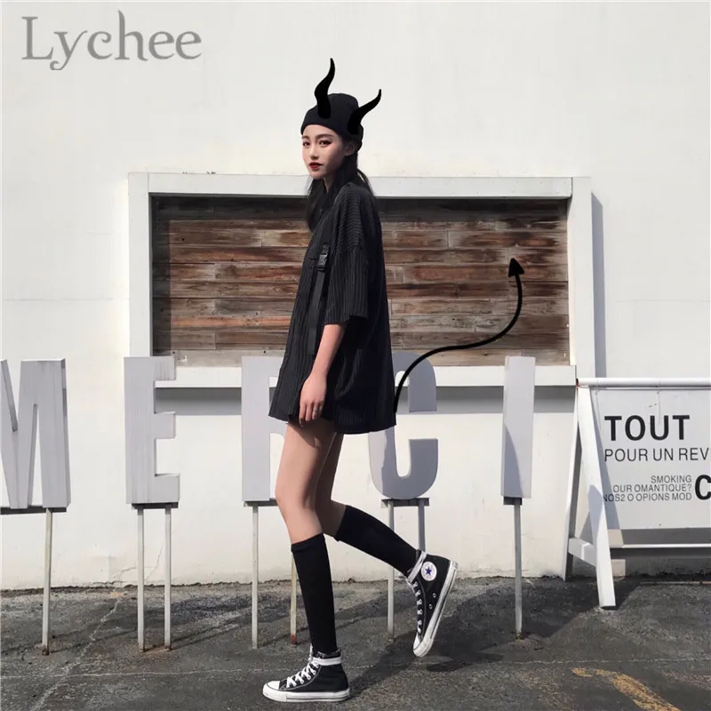 Lychee Harajuku/Женские блузки в полоску с черной лентой отложным воротником коротким
