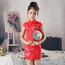 Платье с цветочным узором для девочек; элегантное платье Ципао; Vestidos; костюмы Ципао; одежда для детей; винтажная детская одежда; летние платья для девочек-подростков