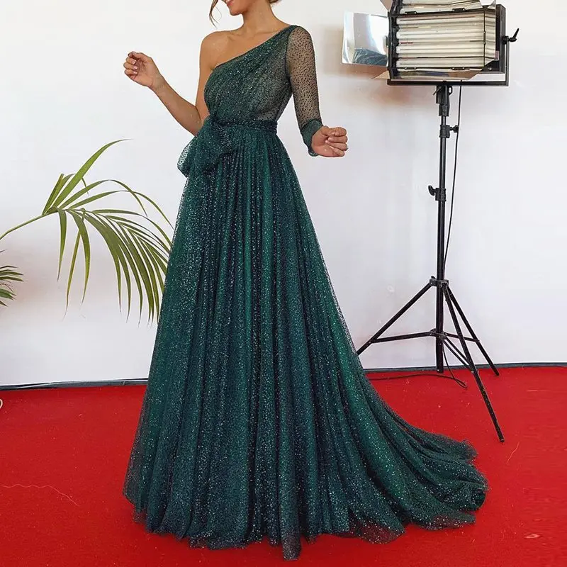 

Summer Sexy Club Elegant Party Chic Beach Women Long Dresses Aline High Waist Oblique Collar Backless Mesh Sequins Female Dress