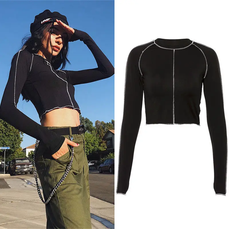 

NEW Women's Long Sleeve Slim Fit Black Street Stylish Cool Black T-Shirt Short Stretch Pullover Tee Crop Tops