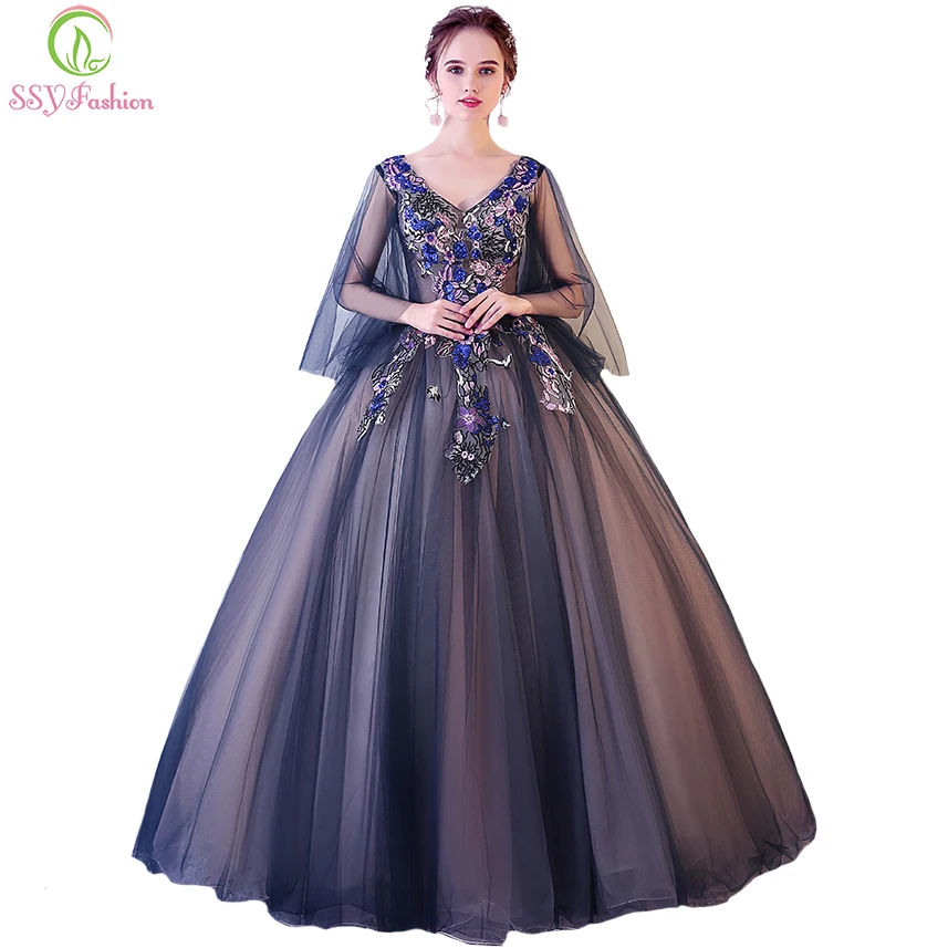 

SSYFashion New The Banquet Elegant Prom Dress V-neck Lace Flower Cape Sleeves Floor-length Evening Party Ball Gown Custom
