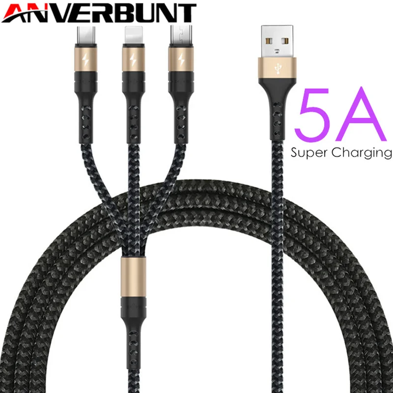 

5A Super Charging 3 in 1 Fast Charger USB Cable Wire USB Type C Cable For Huawei Mate 20 P20 for iPhone Samsung Xiaomi