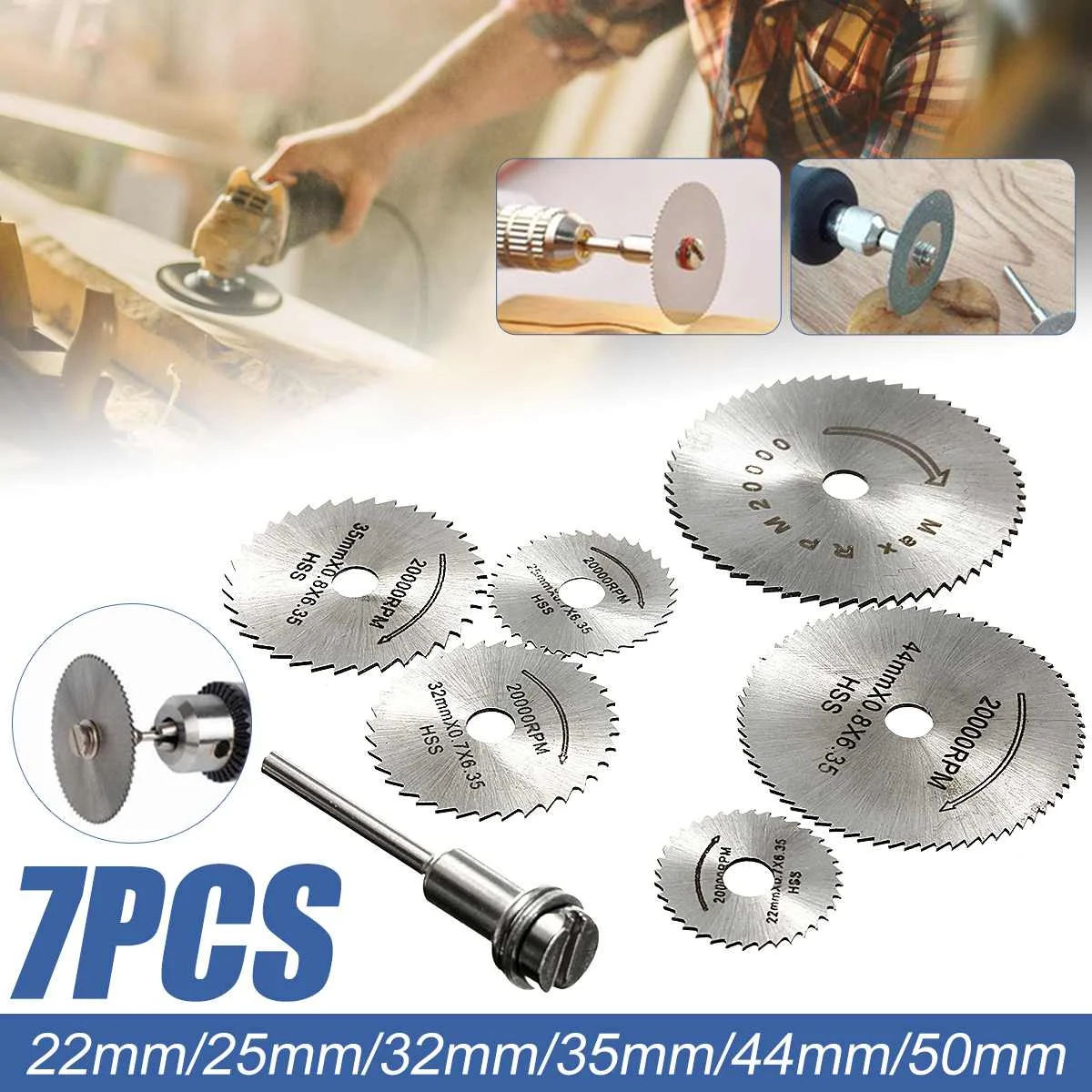 

6Pcs HSS Circular Saw Blade + 1Pcs HSS Circular Rotary Blade Wheel Discs Mandrel For Wood Cutting Saws Tool Accessories Kit