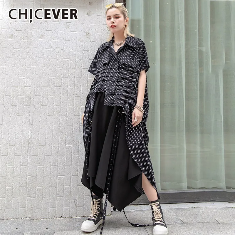 

CHICEVER Summer Casual Dot Print Asymmetrical Hem Black Women Dress Lapel Half Sleeve Pleated Loose Plus Size Dresses 2019 Tide