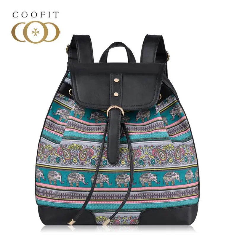 

Coofit Design Retro Elephant Printed Backpack For Women Lady Girls Casual Drawstring Canvas School Bagpack With Flap Cover 2018